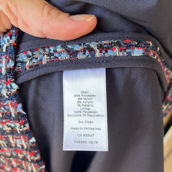 Talbots 14W Petite Sheath Tweed Dress Navy Red Frayed Hem Front Pockets MCM - Picture 6 of 10